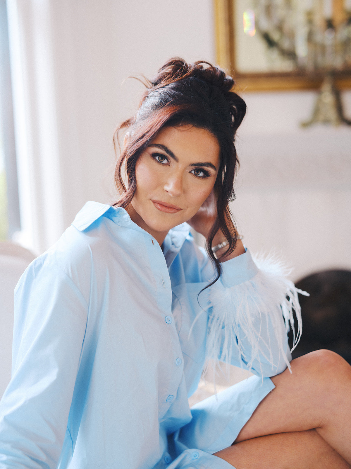 Feather Shirt Dress in Blue BON VIVIANN Feather Shirt Dress in Blue BON VIVIANN